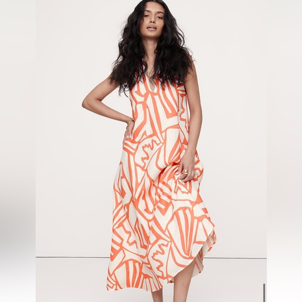 Banana Republic Pauline Linen Dress Coral/White